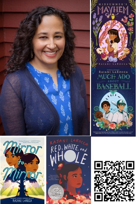 Picture of author with images of her book covers