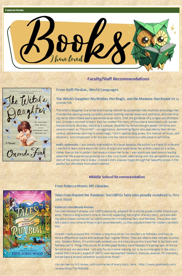 Covers of recommended books with summaries and a title featuring a reading owl