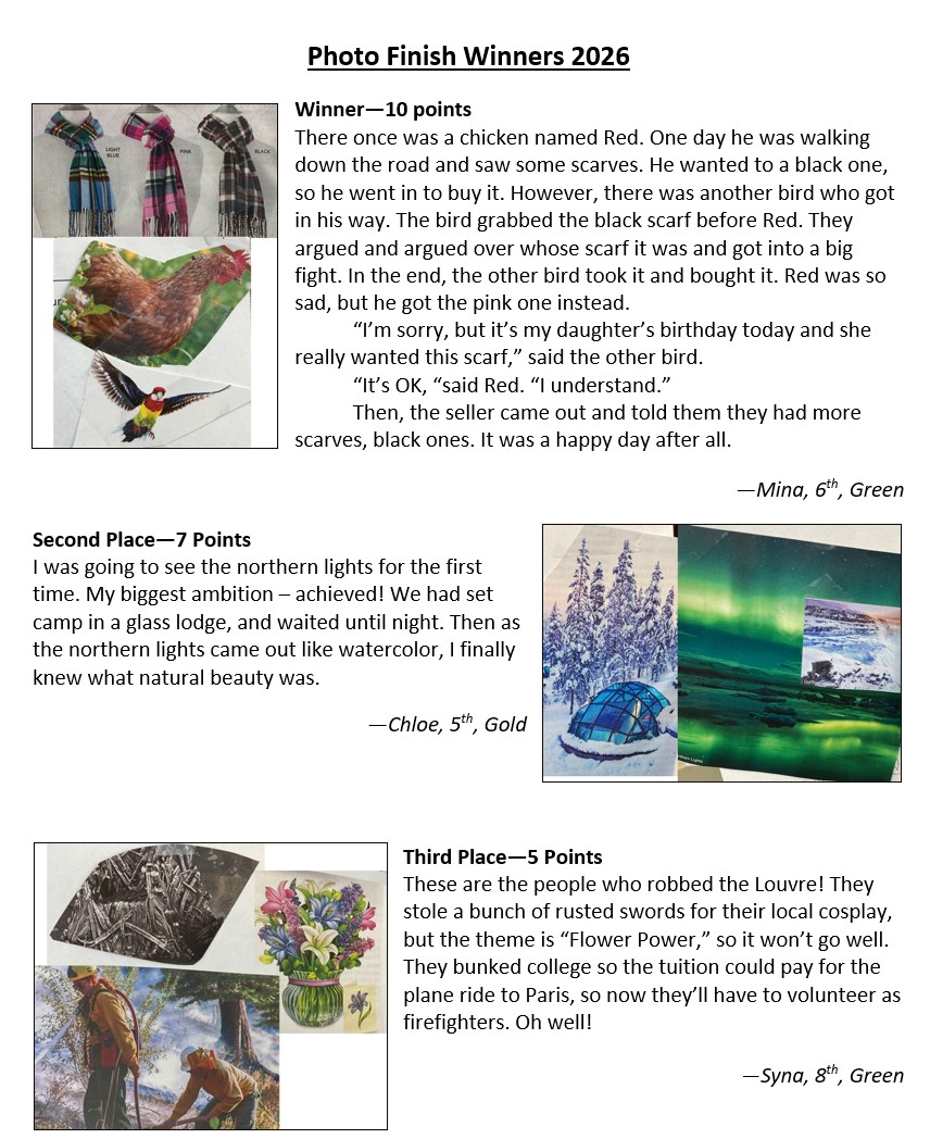 Winners of the Photo Finish writing contest, with the images that inspired their stories