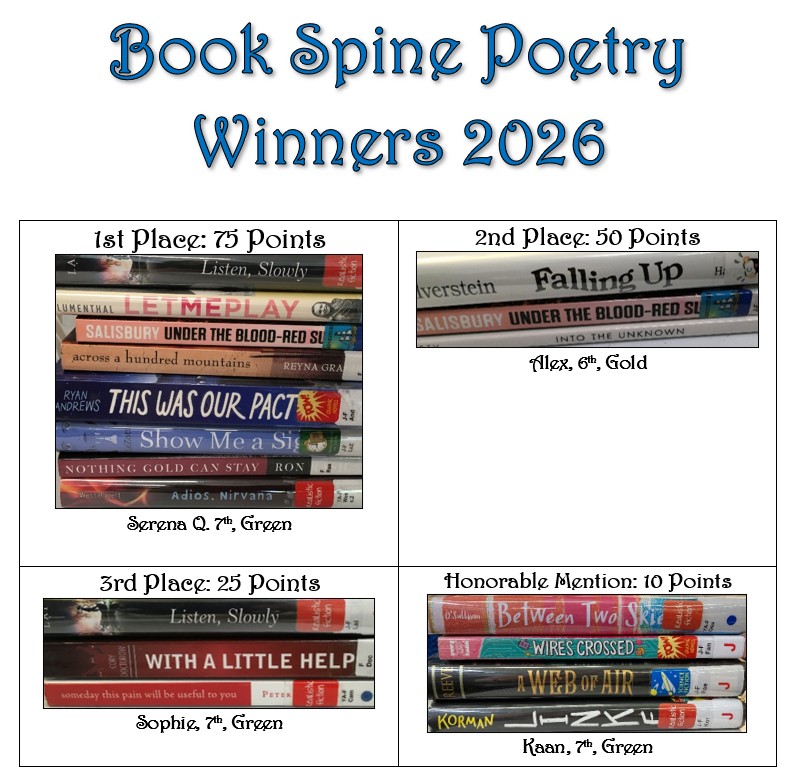 Stacks of books whose titles create poems, read top to bottom