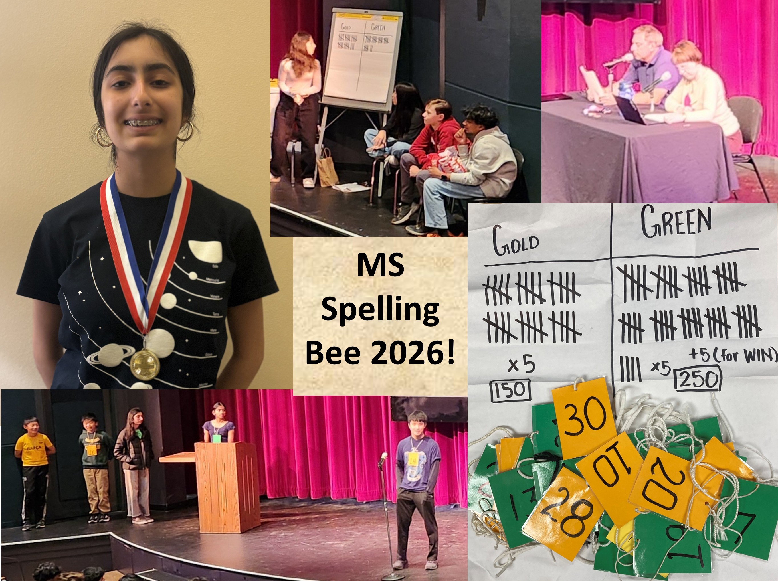 Student spellers, winner with medal, judges, scoreboard and contestant numbers