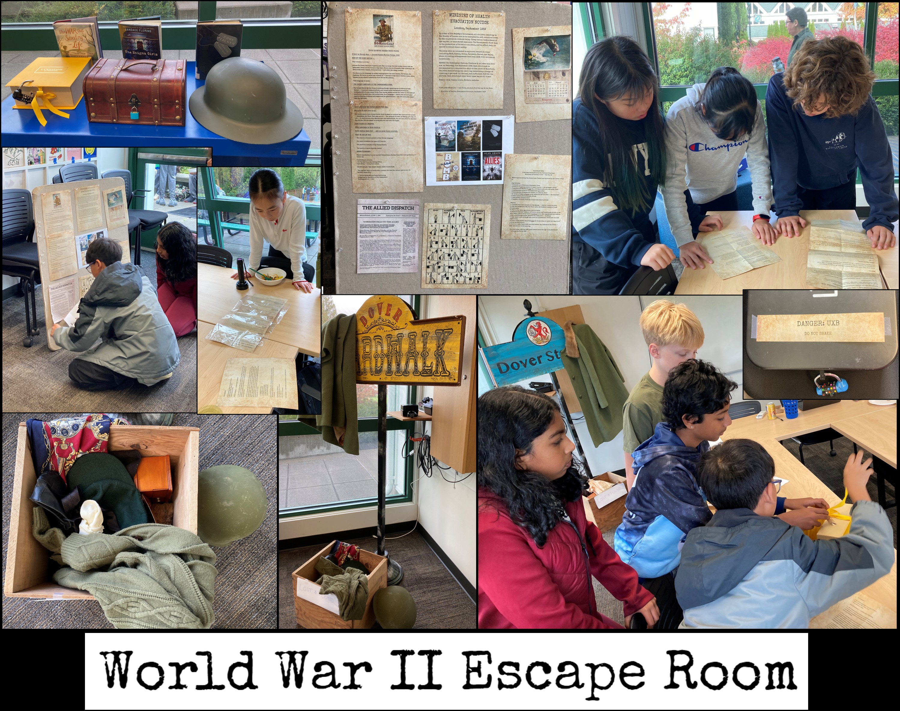 Escape room props, locks, and students solving clues