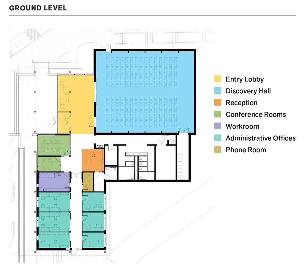 The new Welcome and Discovery Center will include a more modern lobby, a new Discovery Hall with flat-floor seating, conference and work rooms and administrative offices.