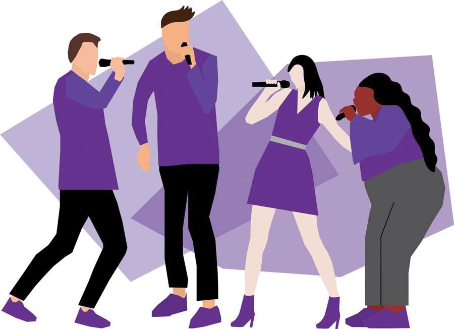 Four people sing into microphones