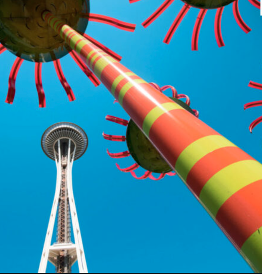 Space Needle and Sounds Sculpture at Seattle Center