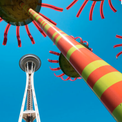 Space Needle and Sounds Sculpture at Seattle Center