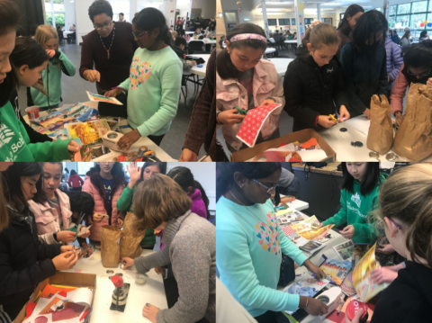 Students creating collage buttons