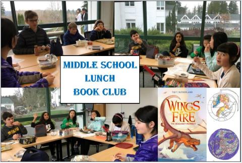 Collage of photos from book club meeting, book cover, coloring book dragons
