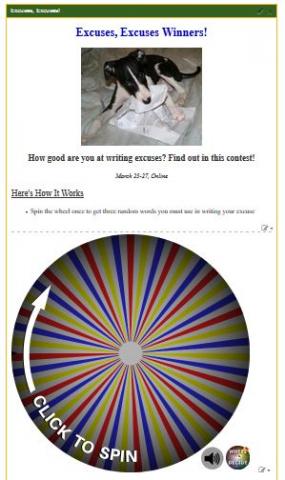 Excuses website snip with dog eating homework and widget spinning wheel