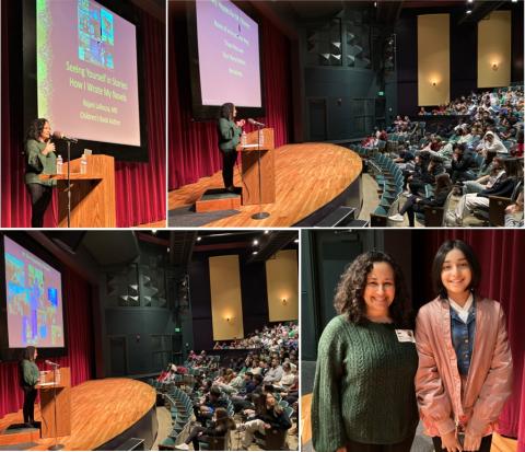 Author presenting to theater of students, and author with student introducer