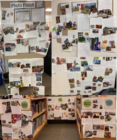 Displays of photo collages and handwritten student stories