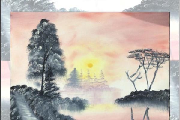 Painting showing trees, sunset, water, and a path
