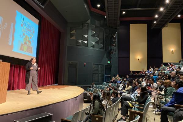 Author Donna Barba Higuera presents to the middle school students