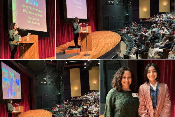 Author presenting to theater of students, and author with student introducer