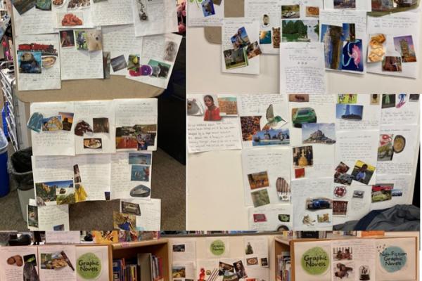 Displays of photo collages and handwritten student stories