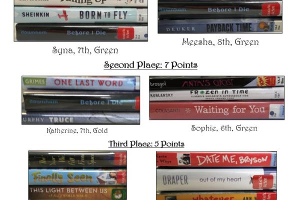 Winners of the Book Spine Poetry contest; books stacked to show their titles making a poem